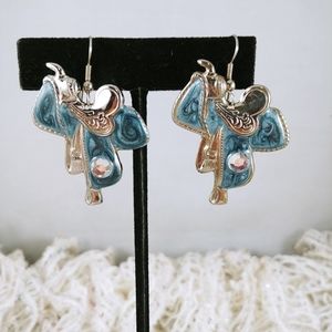 Horse Saddle Earrings Blue Enamel with Rhinestone